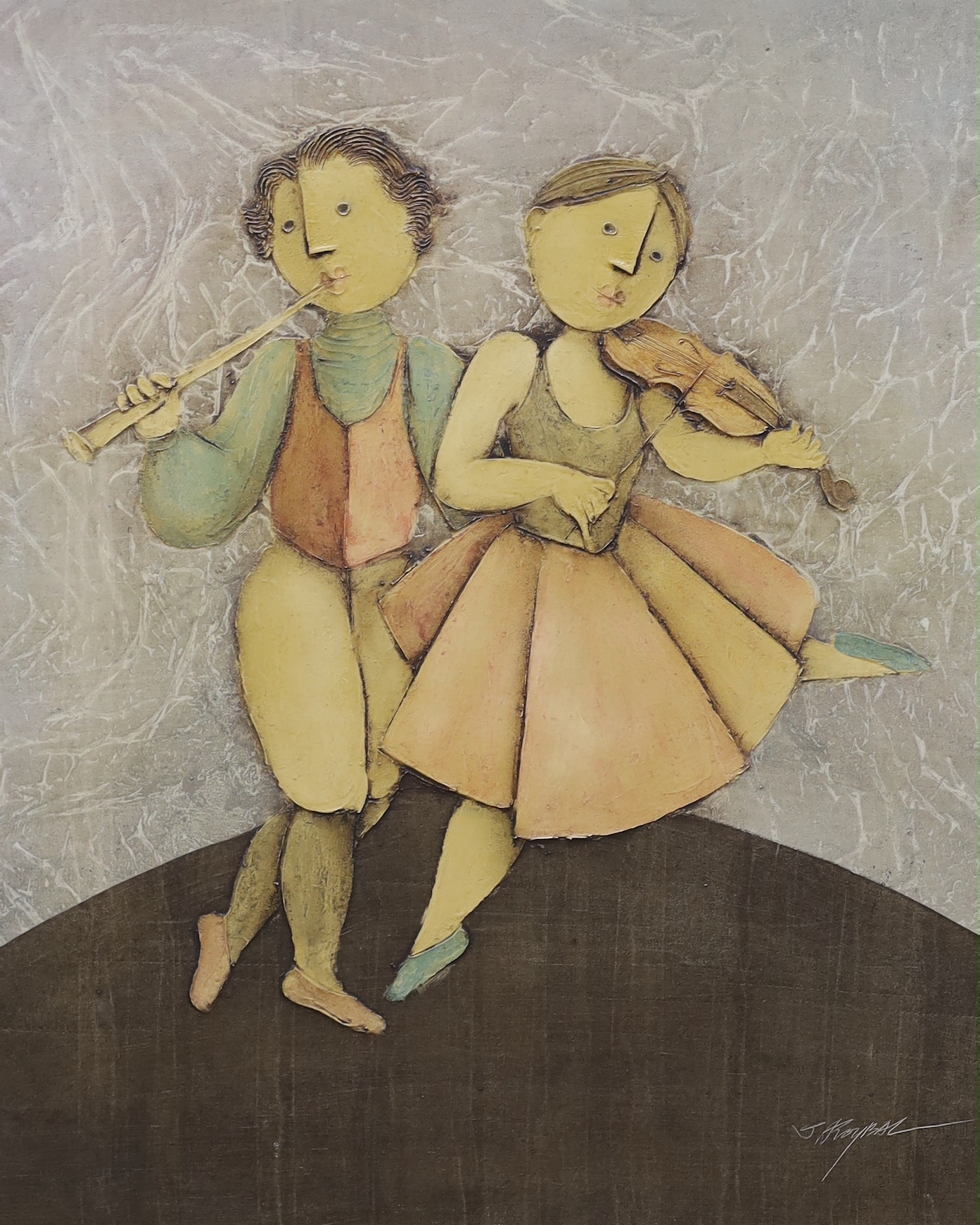 Joyce Roybal (1955-), oil on canvas, Two musicians, signed, 60 x 50cm